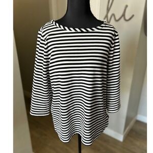 Chicos Black White Stripe Boat Neck 3/4 Sleeve Zipper Accent Top Size 2 Large